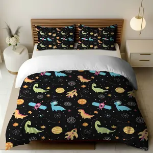 3PCS Duvet Cover Set, 1 Duvet+2 Pillowcases(Without filler), Dinosaur Space Star Planet Rocket theme, Birthday bedding set, Colorful Dinosaurs Suitable for decoration bedroom living room guest room hotel