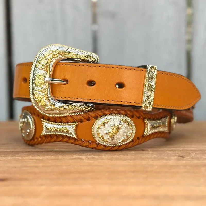 Honey Concho Western Belt Made with Genuine Leather and Alpaca Metal Conchos