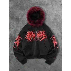 Men’s open-front hoodie for fall/winter with dark faux fur collar, letter print, plush lining, pullover sweatshirt—casual fashion outerwear