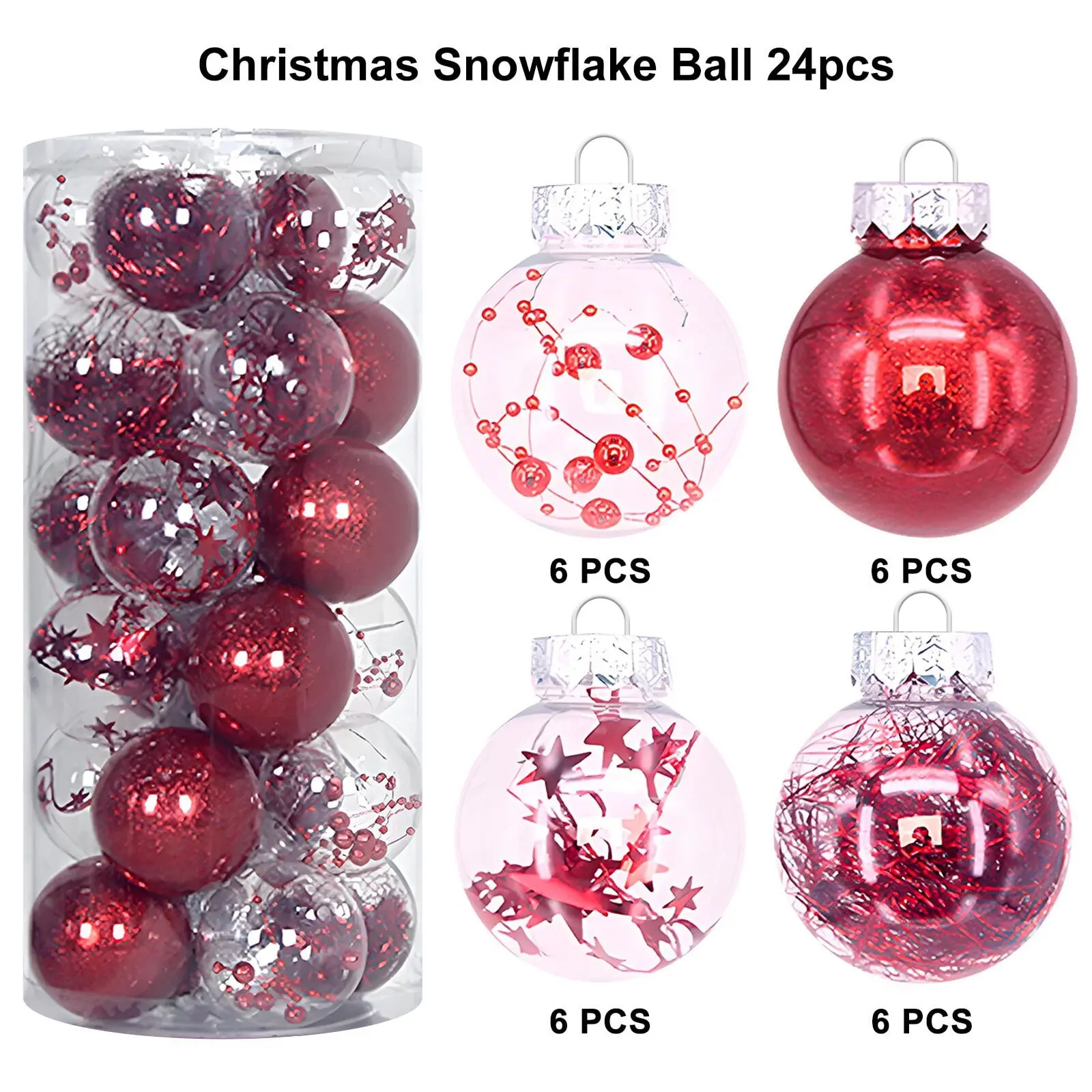 Christmas Ball Ornaments,24ct Shatterproof Plastic Decorative Christmas Ornaments Hanging Xmas Tree Baubles Set with Stuffed Delicate Glittering Decorations for Holiday Party Home Decor(Red)