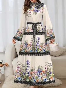 Luxurious Women's Arabic Long Dress, Middle Eastern Style Sleeveless Maxi Dress, Elegant Floral Print, Loose Fit