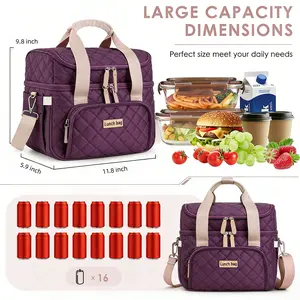 Lunch Bag for Women Men,Double Deck Lunch Box for Women,Quilted Lunch Tote for Work,Insulated Lunch Cooler Leakproof Lunchbox for Adult with Shoulder Strap &Pockets for Picnic Hiking
