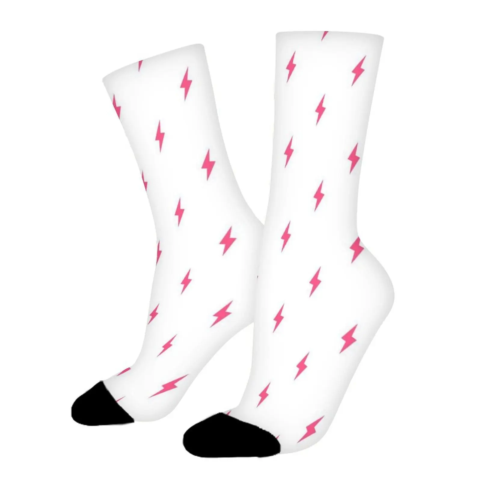 Lightning Bolt Print Crew Socks, Unisex Polyester Casual Socks for Men and Women, Durable Daily Wear Footwear, Athletic Style Graphic Socks with Cushioned Sole and Ribbed Elastic Cuff, Breathable Design for Everyday Activities and Sports, White Base