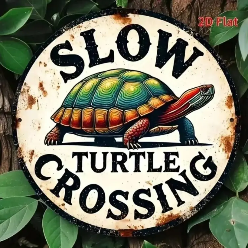 2D Flat "Slow Turtle Crossing" Retro Metal Sign, Vintage Decor - Home Patio Garden Wall Art Gift for Animal Lovers