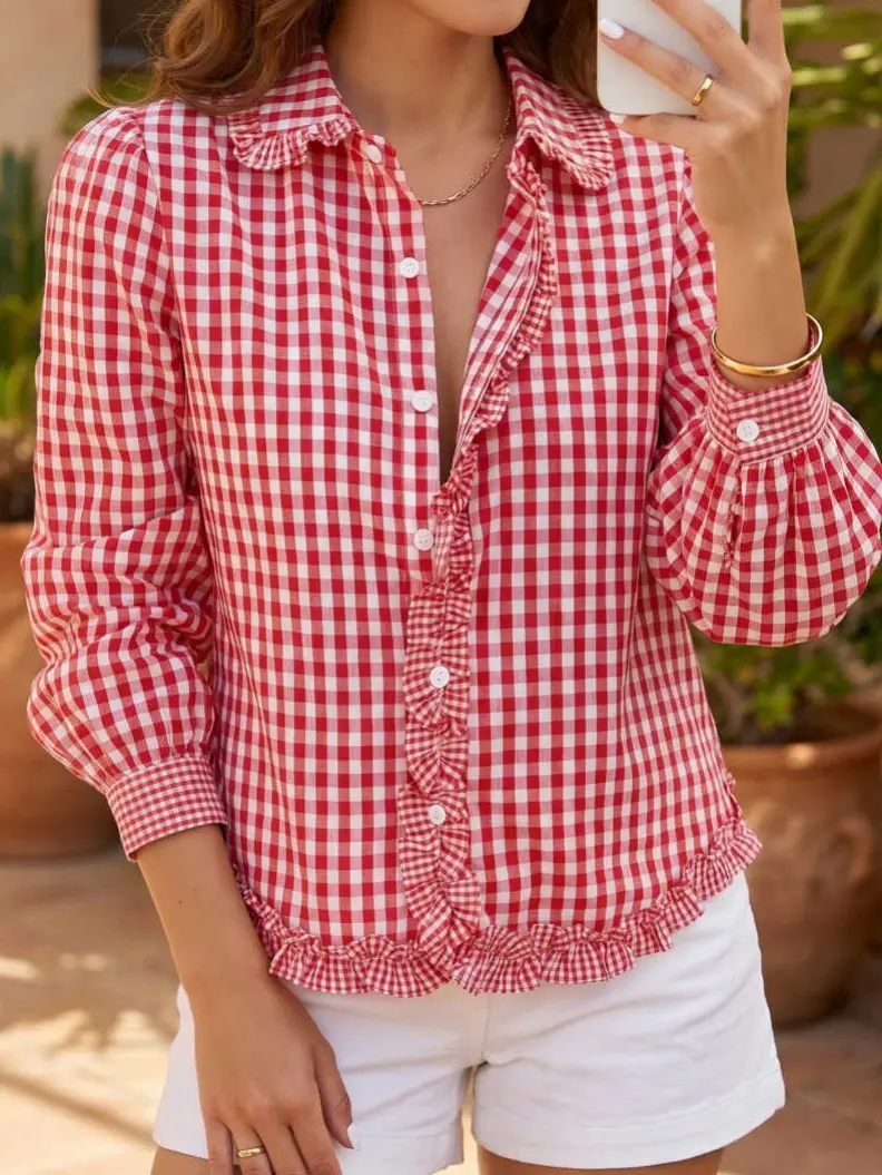 Women’s Plaid Button Down Shirt, Long Sleeve Collared Blouse with Frill Detail, Regular Fit Casual Top for Everyday Wear, Spring and Fall Outfits, Top, Womenswear, Elegance, Style