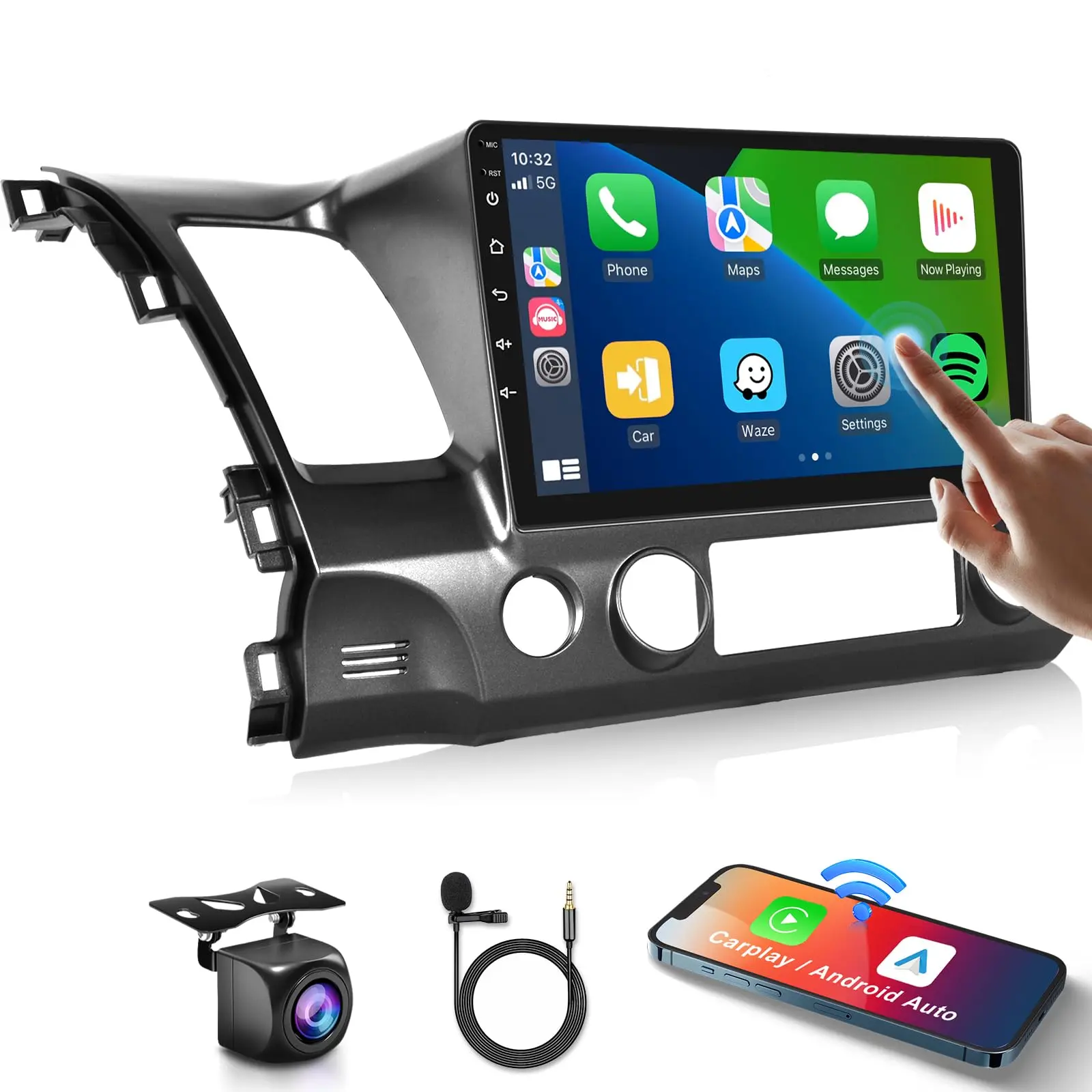 podofo Android 13 Car Radio Stereo for Honda Civic 2006-2011, 2+64G 10.1in Carplay Car Screen, Wireless Carplay & Android Auto, Touchscreen Bluetooth Audio Receiver, GPS, WiFi, Backup Camera, FM/RDS, SWC, Father's Day Gift, Car Screen Carplay