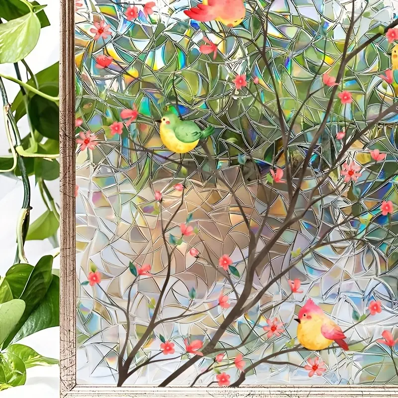 Vibrant Colorful Flowers & Birds Static Cling Window Decal - UV-Resistant, Reusable PVC Glass Sticker, 15.7x47in, Peel & Stick, No Glue Needed, High Quality & Heat Insulating
