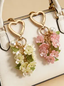 Romantic Heart-Shaped Cherry Keychain, Pink Enamel Cherry Blossom Pendant, Trendy Cute Keychain, Faux Pearl & Flower Clusters Bag Charm Keyring Accessory Valentine/Mother's Day