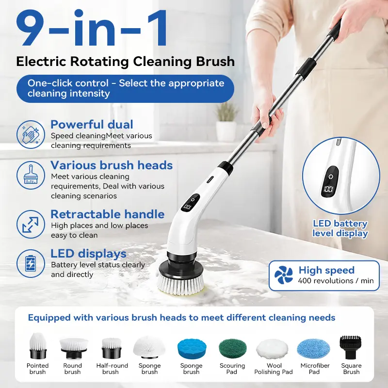 9-in-1 Electric Spin Scrubber with Multiple Brush Heads, 12-54 Extendable Handle, Dual-Speed Power Scrubber, LED Battery Display, IPX7 Waterproof Cleaner for Bathroom, Shower, Tile, Kitchen & Car, Summervibes