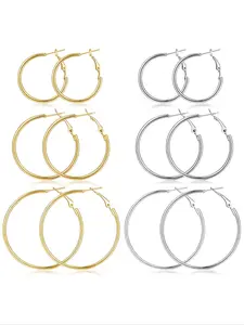 6 Pairs Stainless Steel Simple Hoop Earring Sets, Minimalist All-match Jewelry for Girls Gift, Female Classic Fashion Accessories for Daily Wear