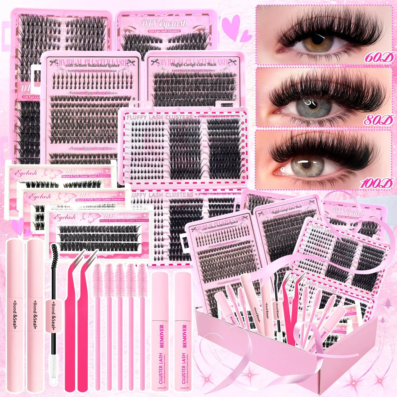Mixed Length/Style Individual False Eyelash Kit, Fluffy Natural Kawaii Manga Clusters, Extra Large Capacity Eyelash   Extensions Set with Accessories, Curling Fake Eyelashes for Women, Eyelash Sets in Different Styles for All Year Makeup Products