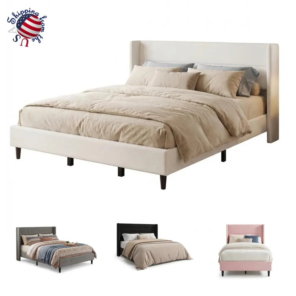 Twin/Full Size Bed Frame with Wingback Headboard – Velvet Upholstered Platform Bedframe with Wood Slats, No Box Spring Needed, Easy Assembly