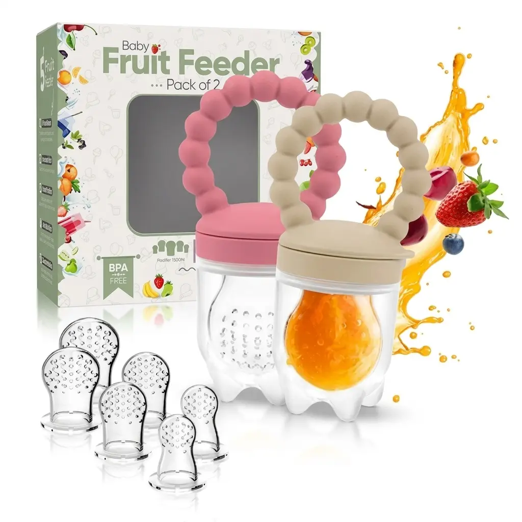 2-Pack Baby Fruit Feeder Pacifier Set, Unisex Silicone Teethers for Infant Feeding & Teething Relief, Includes 6 Nipples, Designed for Tiny Hands, Encourages Healthy Eating, Grip-Friendly, Bpa Free, Silicone Teether Baby Utensils