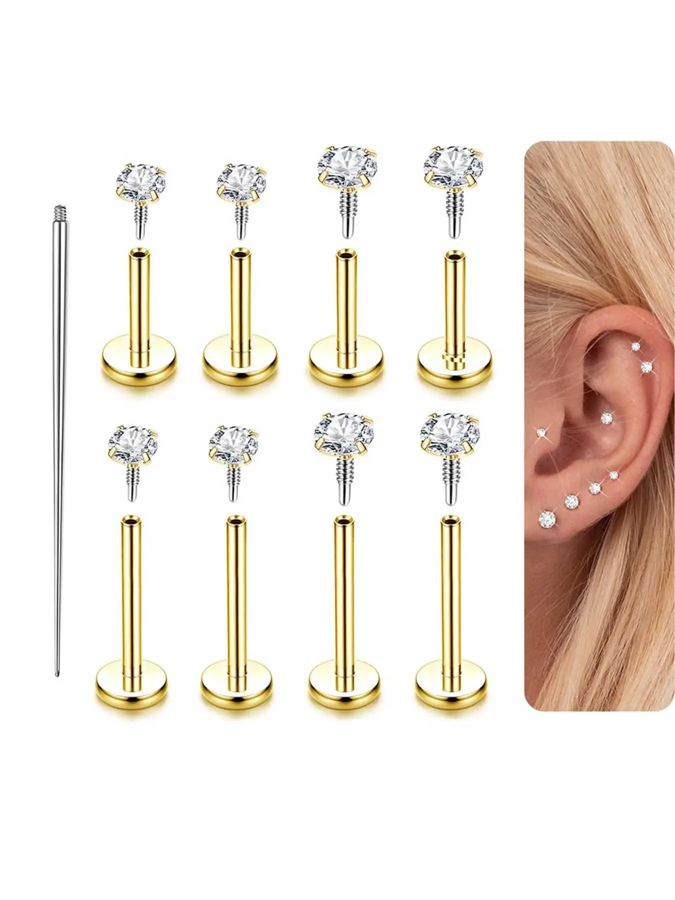Flat Back Stud Earrings - 316L Surgical Steel Internal Thread CZ Bling Stud Piercing Body Jewelry for Tragus Helix Cartilage Conch Nose Hypoallergenic Lip Labret Medusa Piercing 18G