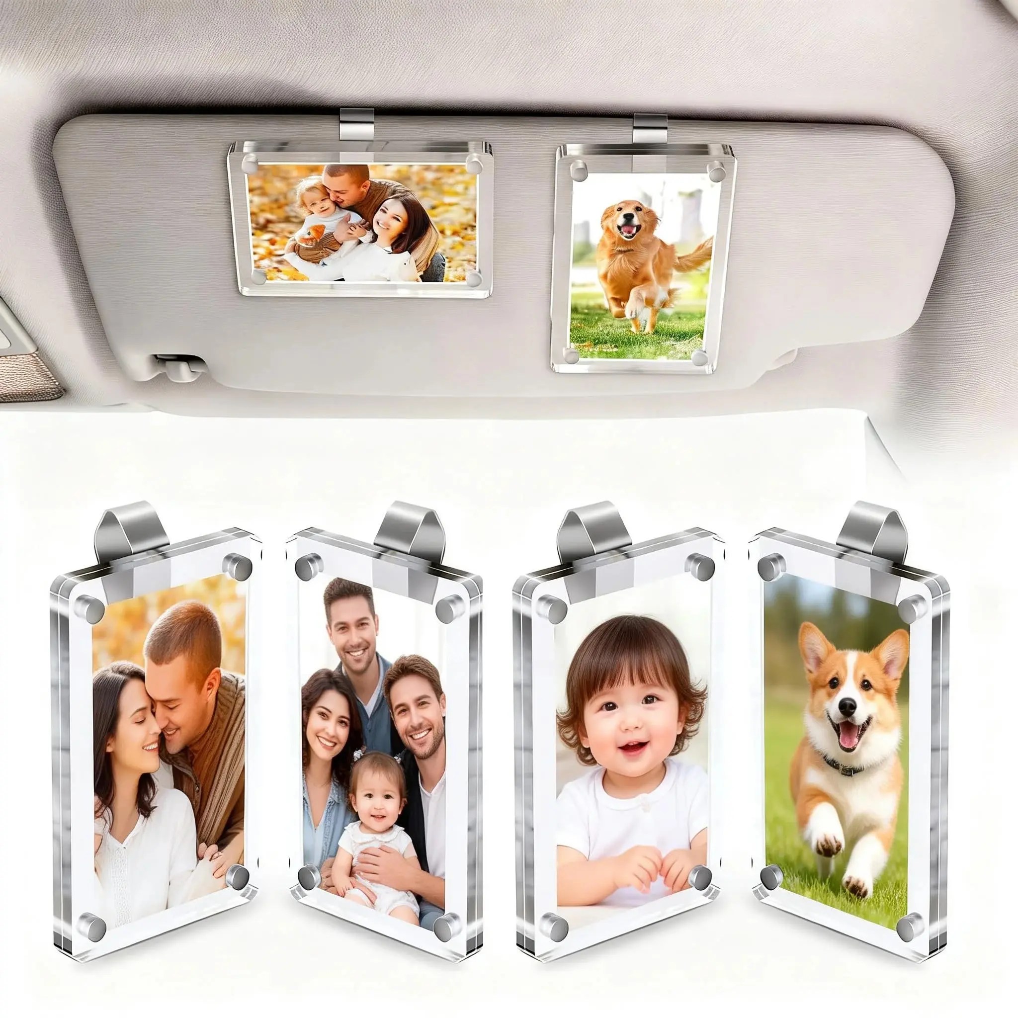 4 Pcs Magnetic Car Sun Visor Picture Holder, 2.4"x3.5" Clear Acrylic Frame, Photo Clip for Polaroid Go, Instax Mini & Wallet-Size Photos, Ideal Automotive Interior Accessory Gift for Car Lovers & Holiday Gifting