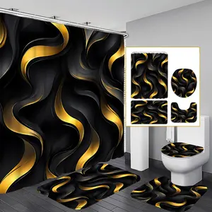 1PC/4PCS 2D flat Black and Gold Wave Texture Multicolor shower curtain with a modern design for home bathroom decor, Shower Essentials, shower curtain set includes 12 hooks, non-slip bath mat, U-shaped non-slip mat, toilet seat cover