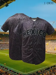 MEXICO Men's Baseball Jersey V Neck Short Sleeve Baseball Shirt, Breathable Embroidery Sports Uniform For Training Competition Party, Casual Sports Jersey