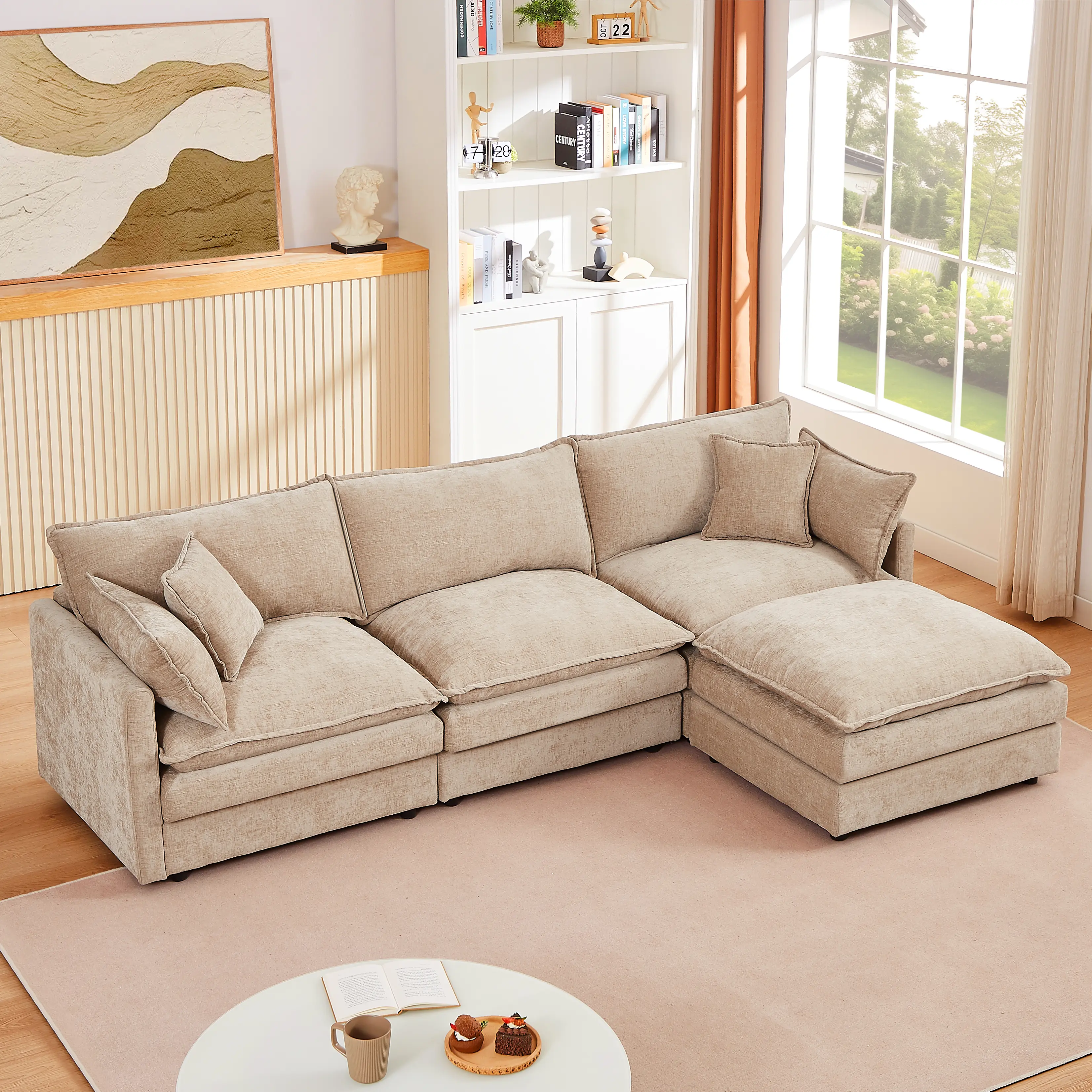 102" L-Shaped Chaise Modular Contemporary 3-Seater Chenille Cloud Sofa with Movable Ottoman & DIY Combination, Chaise Lounge Couch for Living Room