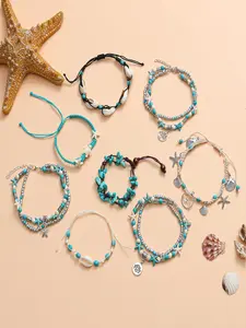 12Pcs Shell Turtle Ankle Bracelets Handmade Seashell Bead Starfish Cowrie Dolphin Adjustable Layered Anklets for Women Boho Hawaii Summer Beach Foot Jewelry