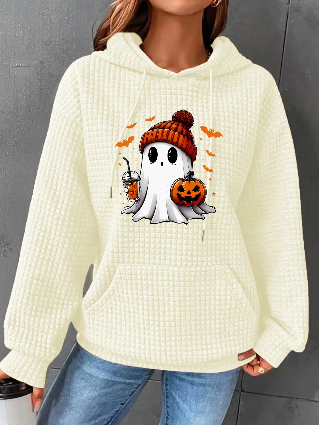 Women's Halloween Cartoon Ghost Print Drop Shoulder Long Sleeve Textured Waffle Knit Hoodie, Fashion Casual Loose Drawstring Pocket Hooded Sweatshirt for Daily Holiday Outdoor Wear, Women Clothing for Fall & Winter