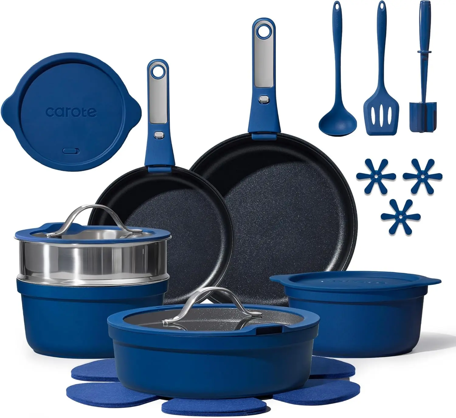 22pcs Pots and Pans Set Non Stick, Nonstick Cookware Set, Dishwasher/Oven/Fridge Safe Pots and Pans, Removable Handle RV Oven Safe Cookware, Induction Kitchen Set, Blue Lids