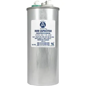 Appli Parts Dual Run Capacitor for ac 40+10 Mfd uF (microfarads) 370VAC or 450VAC CBB65 Round Universal fit for hvac and other applications 5-3/8 in High 2-1/8 in Wide CON-40/10-450