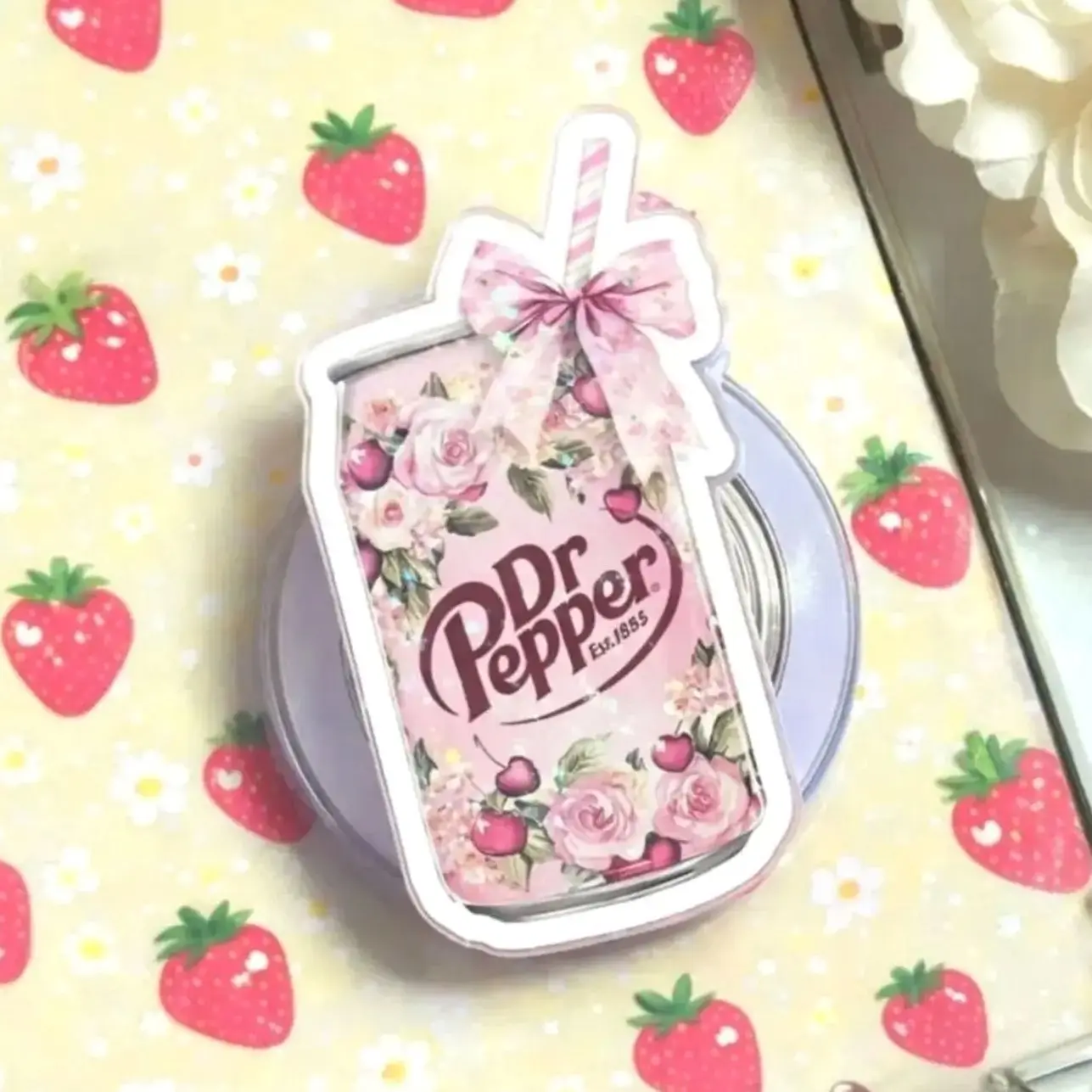 Pink Dr Floral Soda Pepper MagSafe Phone Grip: Cute Coquette Aesthetic Magnetic Phone Holder, Girly Soda Lover Gift, Phone or Kindle Popgrip