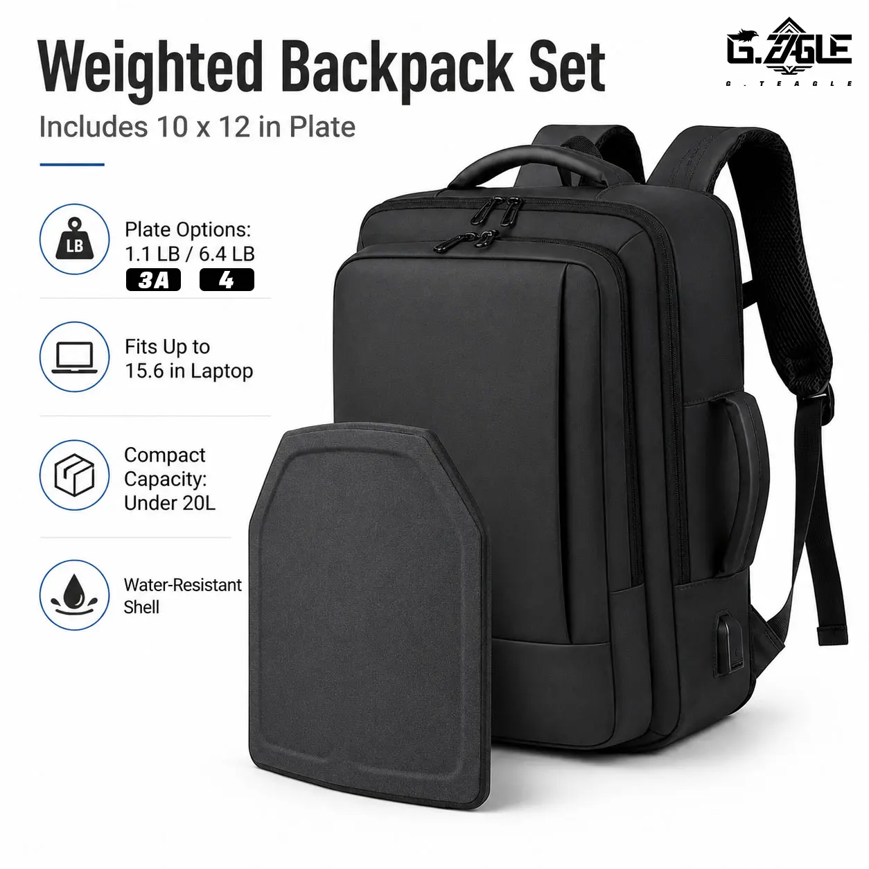 Unisex Adults' Weighted Sports Pack Set - Electroplated Faux Leather with PU Coating, Water Resistant, 10x12-in Weight Plates, USB Port, 1.1lb-6.4lb Capacity, Compact Fitness & Business Backpack for Fitness Enthusiasts, Daily Routines