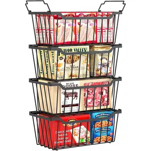 Freezer Organizer Bins, 4 Pack Stackable Chest Freezer Organizer for 5-7 Cu.FT Deep Freezer Sort Frozen Meats and , Freezer Storage Baskets with Handles Easy Reach from Bottom, Black