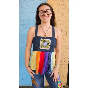 Patchwork Denim Hippie Apron Top – Corset Back, Crochet Detail D/DD cup #1414