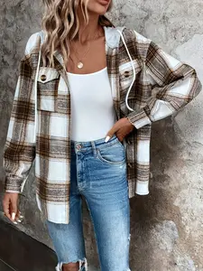 Loose Plaid Casual Shirt Open Front, Plaid Print Drop Shoulder Drawstring Hoodie Jacket, Stylish and Comfortable Outerwear