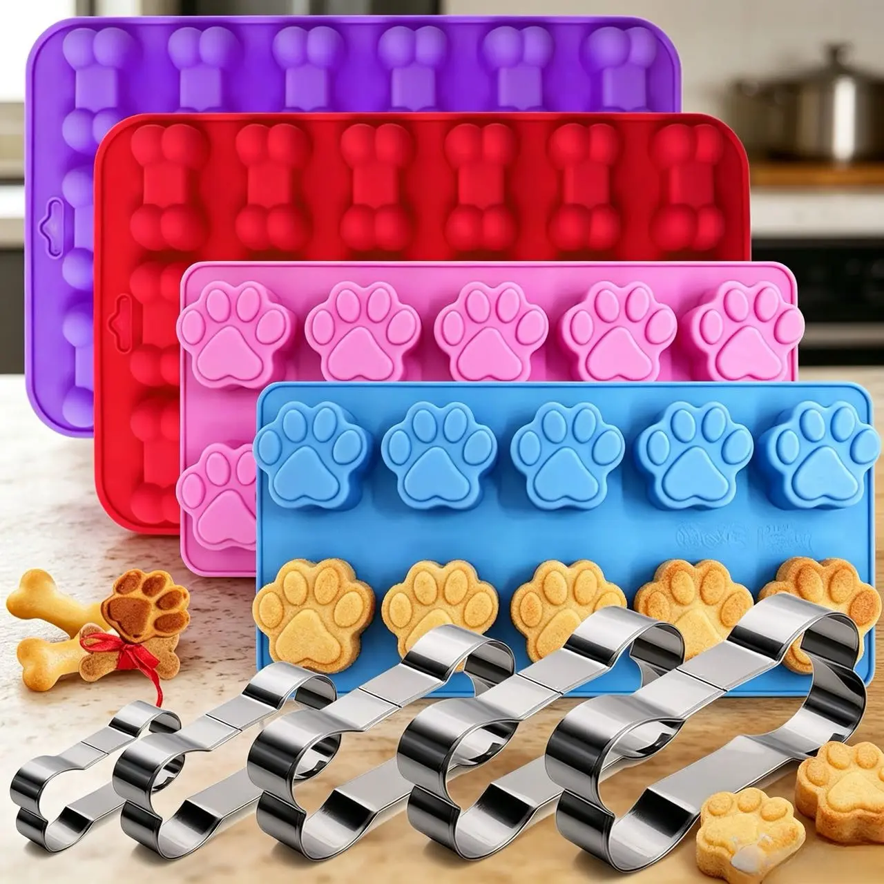 Silicone Baking Molds - 4-Pack 9-Cavity Paw & Bone Shapes, 5 Stainless Steel Bone Cutters, Candy Molds for Home Baking Supplies & Mini Bites, Paw Shape