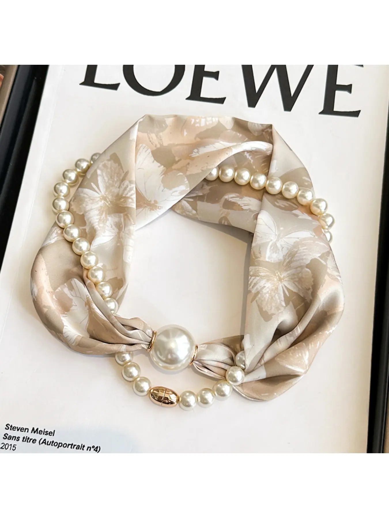 Magnetic clasp pearl necklace with long chiffon scarf for women, neck warmer, lazy outfit pairing with shirts, lightweight scarf, Floral Print Scarf