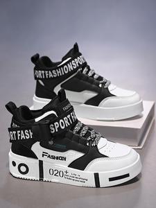 men's fashionable letter print lace up high top sneakers, casual comfortable sports shoes for daily wear, male all-match round toe shoes for daily wear