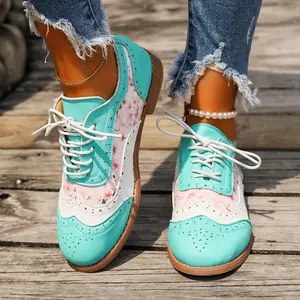 Women's Contrast Color Brogue Oxfords - Floral Print Lace Up Flat Shoes - Perforated Round Toe - Fashionable & Comfortable - For Women - Suitable for Casual & Formal Occasions - Perfect Gift for Fashionistas Footwear Girl