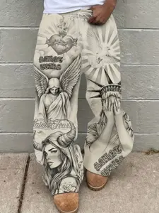 Men's Loose Fit Full Print Straight Leg Sweatpants, Casual Spring & Fall Street Style, All over Print Angel, Trendy and Versatile, Athleisure Style Pants