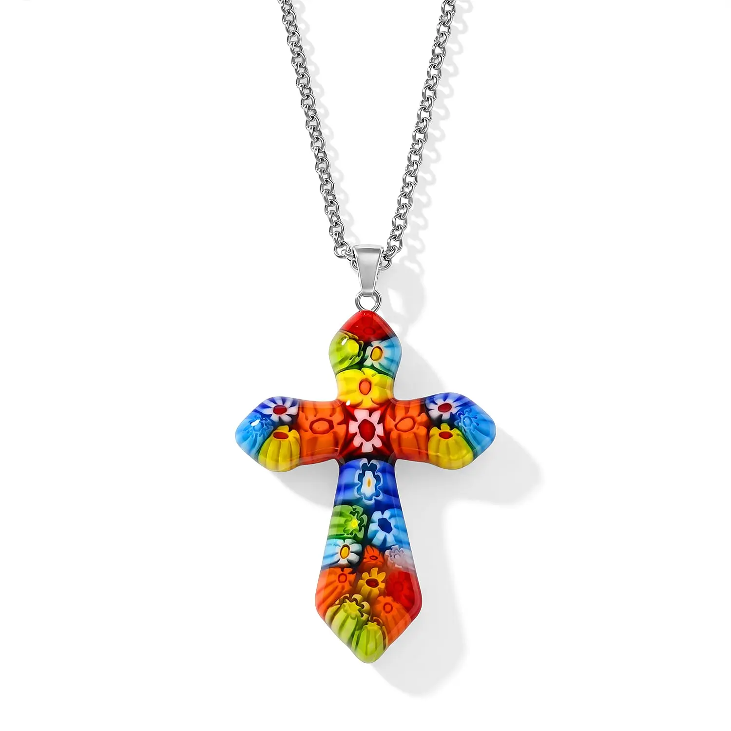 Murano Style Cross Pendant Chain Necklace (20-22 Inches) in Stainless Steel