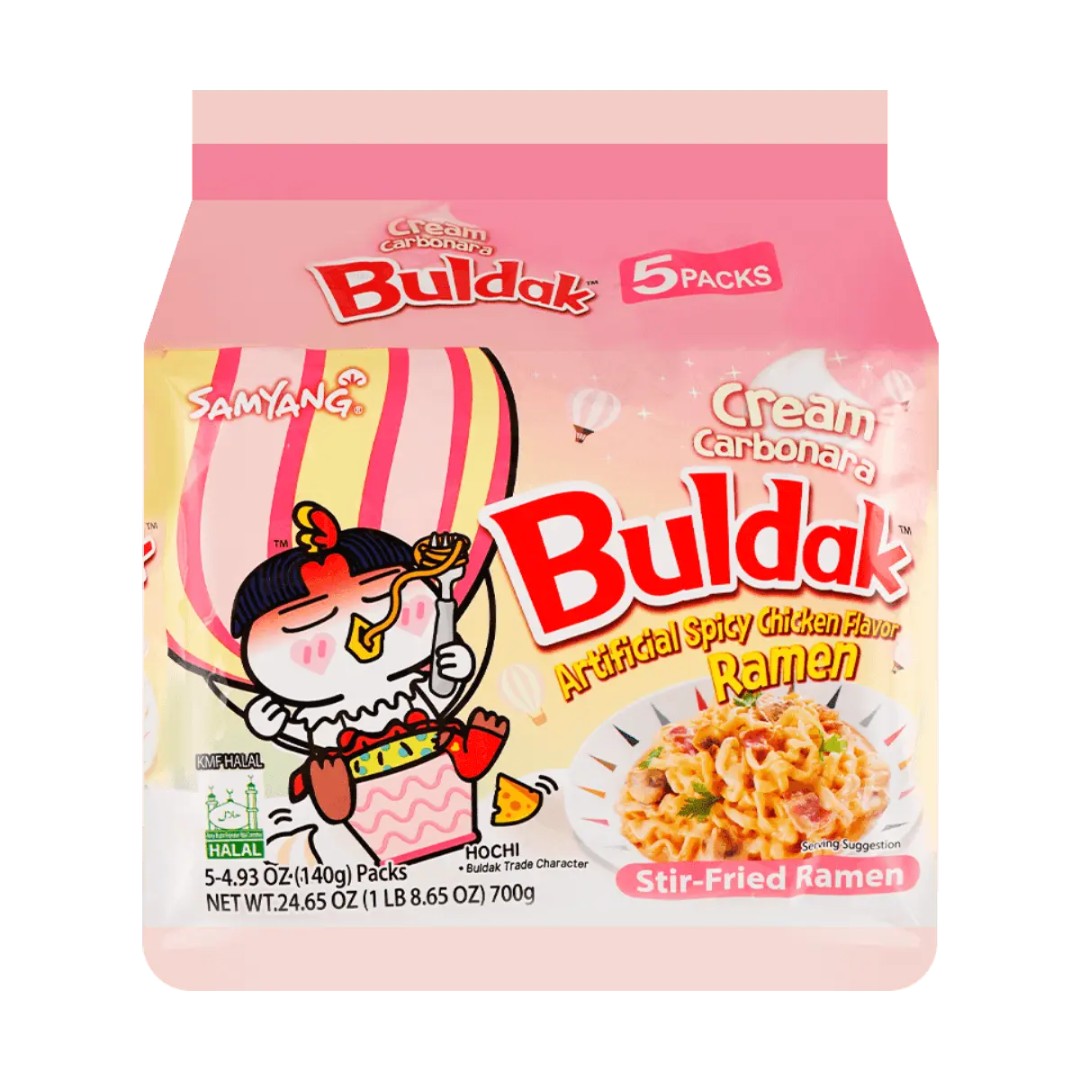 Samyang Buldak Ramen Pink Creamy Cheese Carbonara Stir-Fried Noodles - 5 Pack (140g Each) - Korean Spicy Chicken Halal Certified