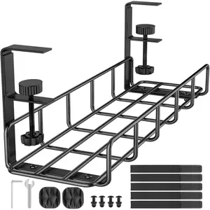 Under Desk Cable Management Tray, 15.7'' No Drill Steel Cable Tray Organizers, Wire Management Tray Cable Rack with Clamp Mount, Metal Under Desk Tray with Wire and Cord Organizer