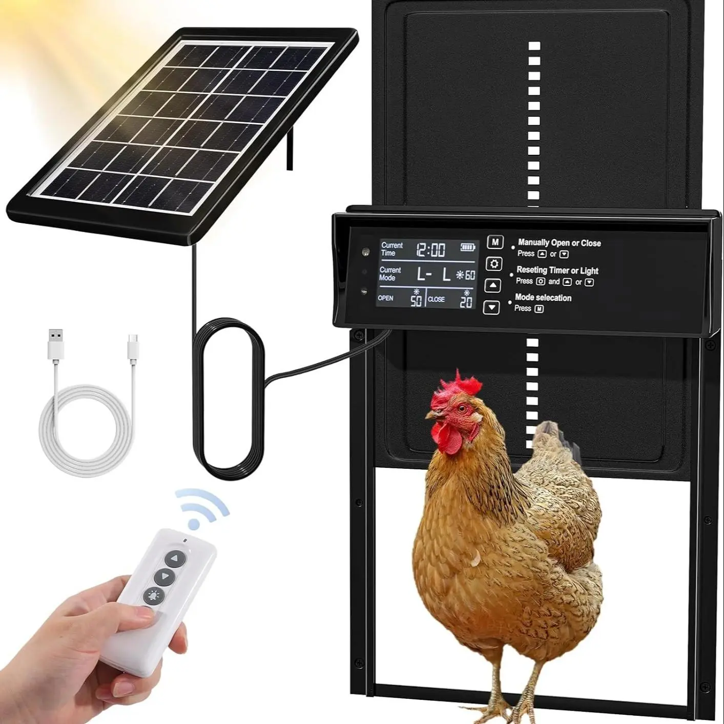 Solar Chicken Coop Door, Automatic Chicken Door Solar Powered & Usb Charging, Auto Chicken Enclosure Door 4 Modes with Timer & Light Sensor & Remote Control, Chicken Coop Accessories, Poultry Coop Accessory, Sliding Door, Outdoor Chicken Cage