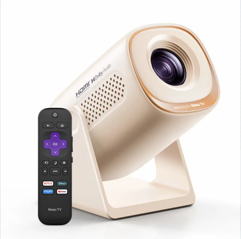 BIGASUO Roku TV Smart Projector with WiFi and Bluetooth, No Streaming Stick Needed, Dolby Audio, Auto Vertical Keystone & Zoom, 180° Rotating Projector for Home and Outdoor
