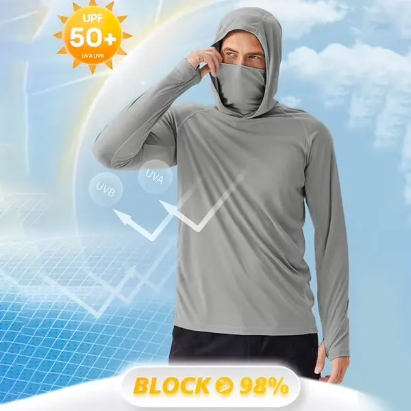 Men's Sun Protection Hoodie Shirt UPF 50+ Long Sleeve UV SPF T-Shirts with Face Mask Rash Guard Fishing Quick Dry Lightweight