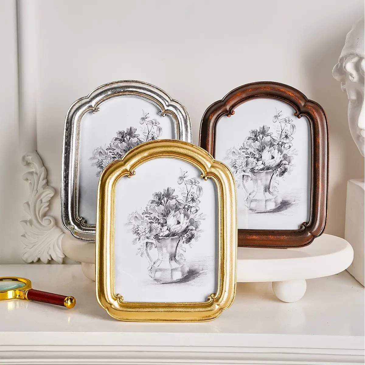 Resin Photo Frame with Silver Color Border, Curved Door Design, Sturdy Frame Design, Multi-Color Options, Home Desk Decor, Bedroom Office Decoration, Framed Decor, Picture Frame