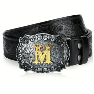 [Longhorn Bull Pattern Leather Belt] LCG LUCHENGYI, Men's Western Cowboy PU Leather Belt, Longhorn Bull Pattern Letter Big Buckle Belt