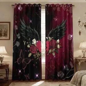 2panels black wing and rose print pattern sunshade curtains, bedroom privacy room partitions, blackout curtains suitable for home decoration windows Privacy Grommet Curtains Thermal Insulated Curtain