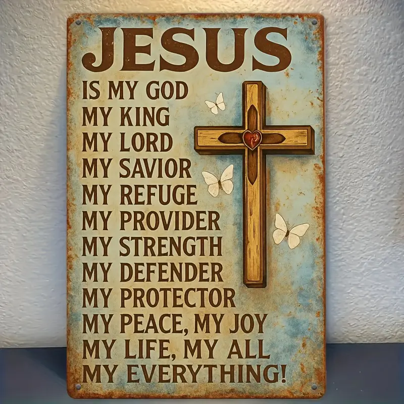 A vintage Jesus cross metal wall art - 8x12 inch sign, featuring motivational quotes, suitable for home, bar, cafe, garage decoration, perfect room decoration, motivational wall art, suitable for room decoration.