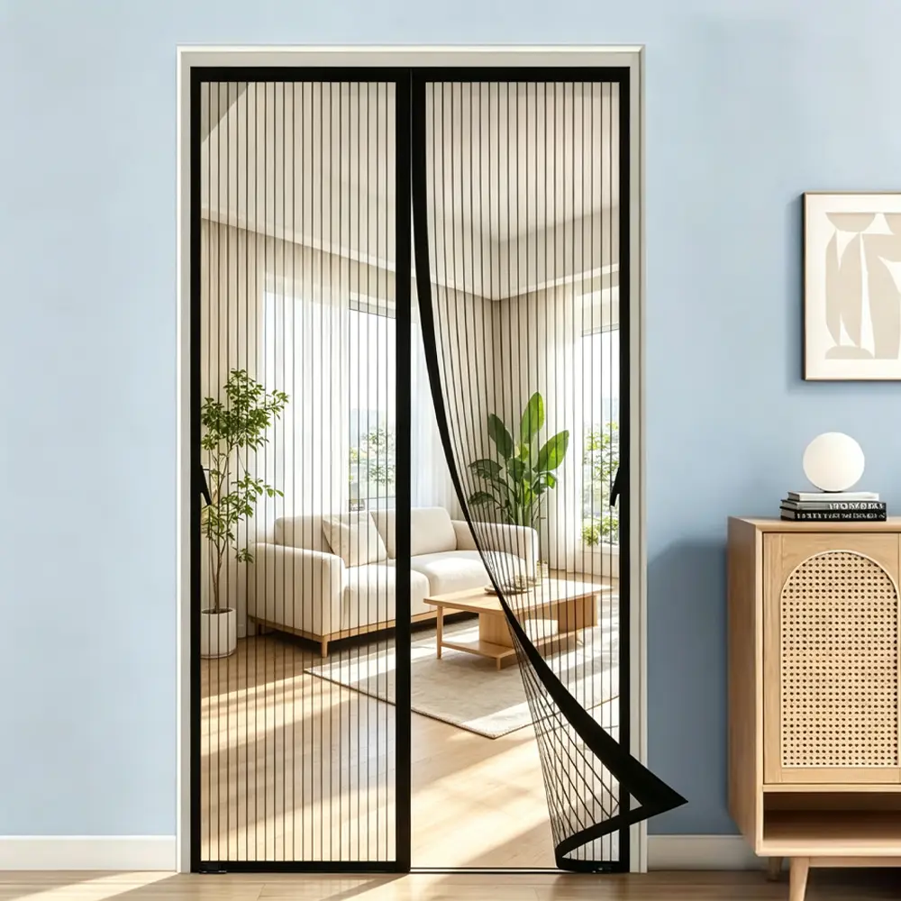 AIYYIPA Magnetic Fiberglass Screen Door Curtain, Black Striped Screen Door with Storage Buckles, Powerful Magnet Auto‑Closing Hands‑Free Entry, Tear‑Resistant Pet‑Friendly Bug Screen for Balcony Entrance RV Doors