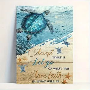 1 Piece Wooden Frame Canvas Painting Sea Turtle Canvas Painting, Under the Ocean Print, Accept the Present, Let Go of the Past, Believe in the Future, Suitable for Hanging in Office, Bathroom, Living Room Decoration - Edged Canvas Painting