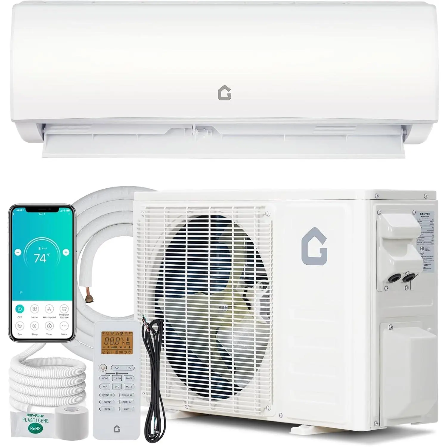 Wall Mount Ductless Mini Split Air Conditioner Heat Pump System - 11500 BTU, 230V, 17 SEER Inverter, WiFi Control, R32 Refrigerant, Full Set for Garage, Office, White