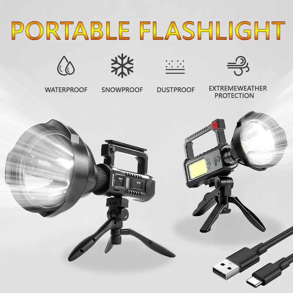 Rechargeable Spotlight High Lumens LED Flashlight, for Outdoor Bright Long Range Flashlight with 4 Lighting Modes Tripod USB-C IPX5 Waterproof Flashlight, for Hiking Fishing Camping Emergency Construction Site Lights Labor Day Sale Flash Sale Party summer
